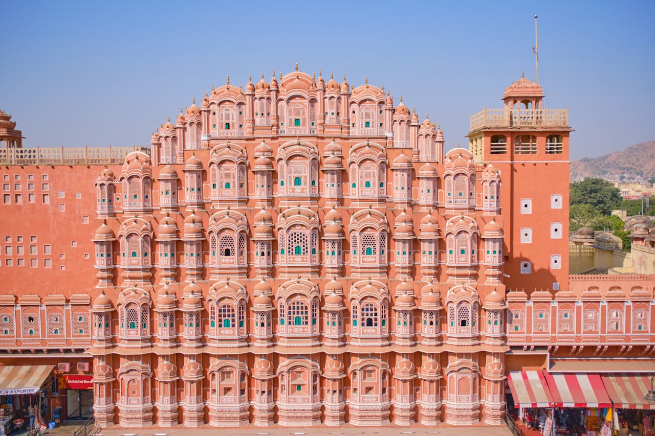 Capture of the iconic Hawa Mahal facade, showcasing intricate architecture in Jaipur, India.